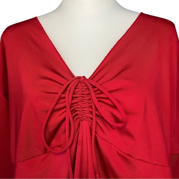 Vintage 90s 3X Red Silky Satin Flowy Ruched Bow Top with V Neck Flared Sleeves - Picture 5 of 10